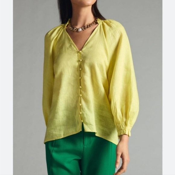 Maeve Tops - Anthropologie Maeve The Audie Linen Puff-Sleeve Blouse​​ Size Small